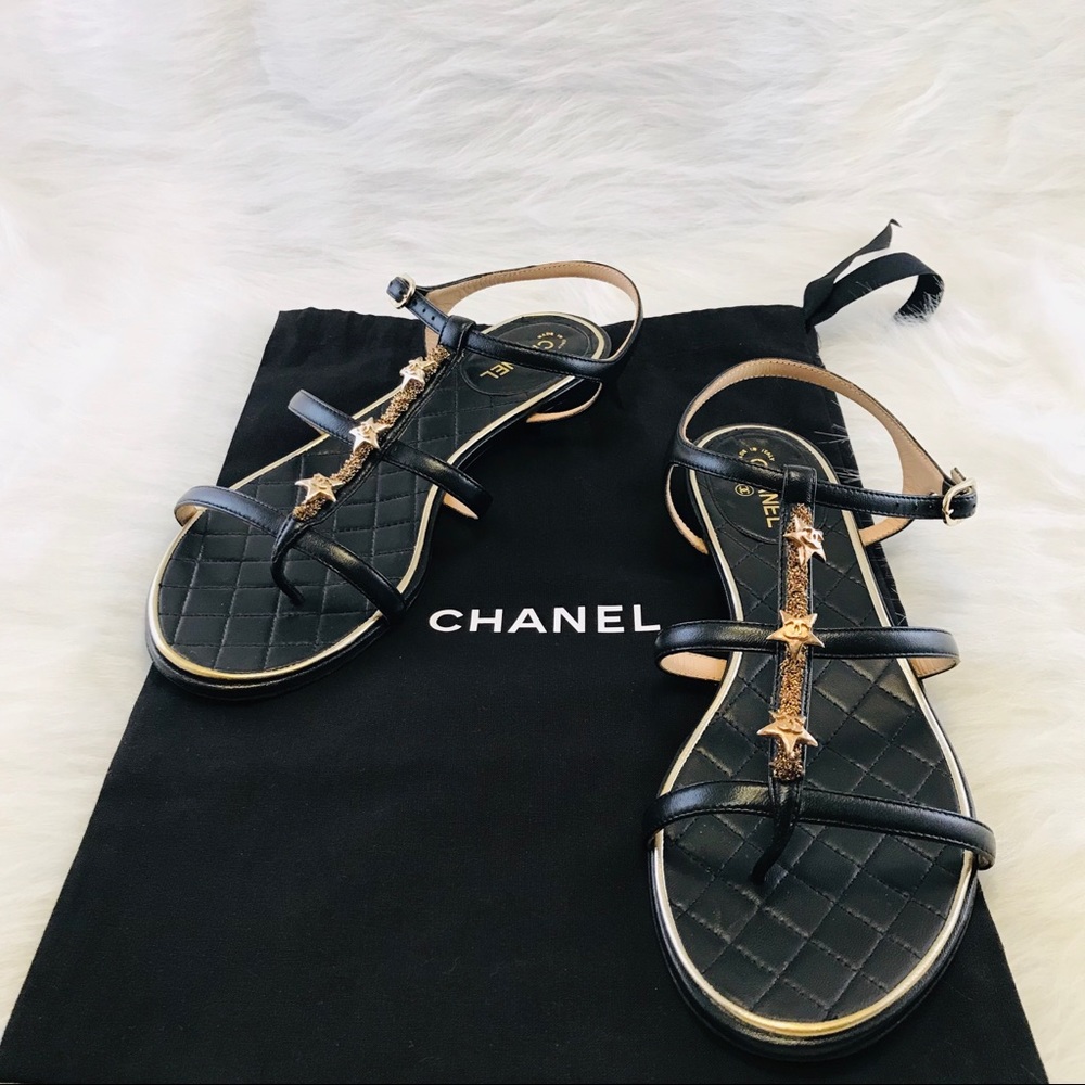 CHANEL Leather Sandals Gold Chain & CC Stars Black